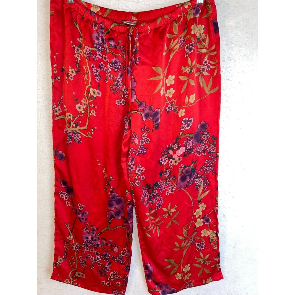 Natori XL Red Satin Drawstring Pajama Lounge Pants Women's Gold Floral